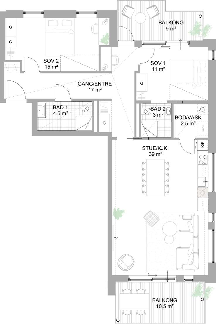 Alternativ planløsning: 3-roms leilighet mot ekstra kostnad
